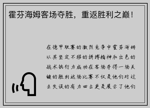 霍芬海姆客场夺胜，重返胜利之巅！