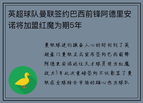 英超球队曼联签约巴西前锋阿德里安诺将加盟红魔为期5年