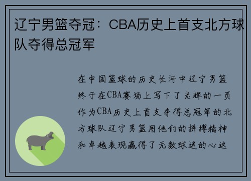 辽宁男篮夺冠：CBA历史上首支北方球队夺得总冠军