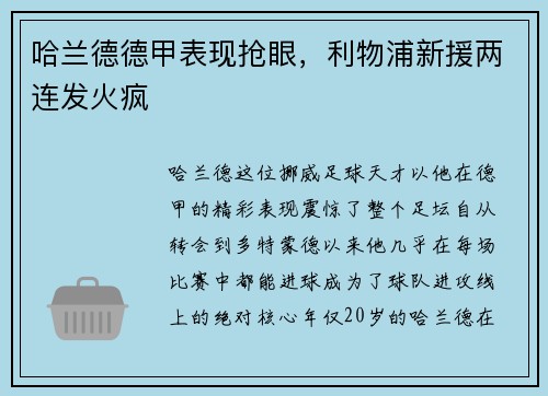 哈兰德德甲表现抢眼，利物浦新援两连发火疯