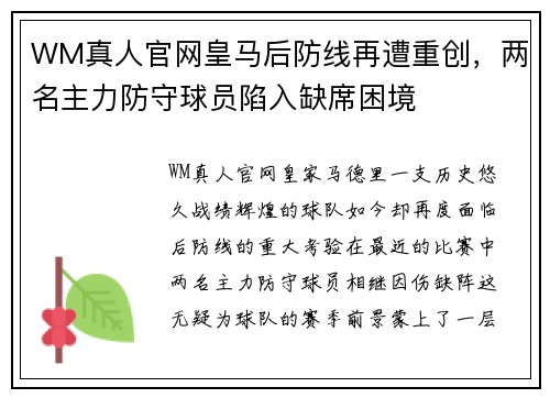 WM真人官网皇马后防线再遭重创，两名主力防守球员陷入缺席困境