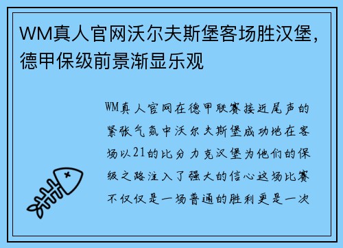 WM真人官网沃尔夫斯堡客场胜汉堡，德甲保级前景渐显乐观