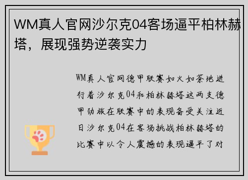 WM真人官网沙尔克04客场逼平柏林赫塔，展现强势逆袭实力